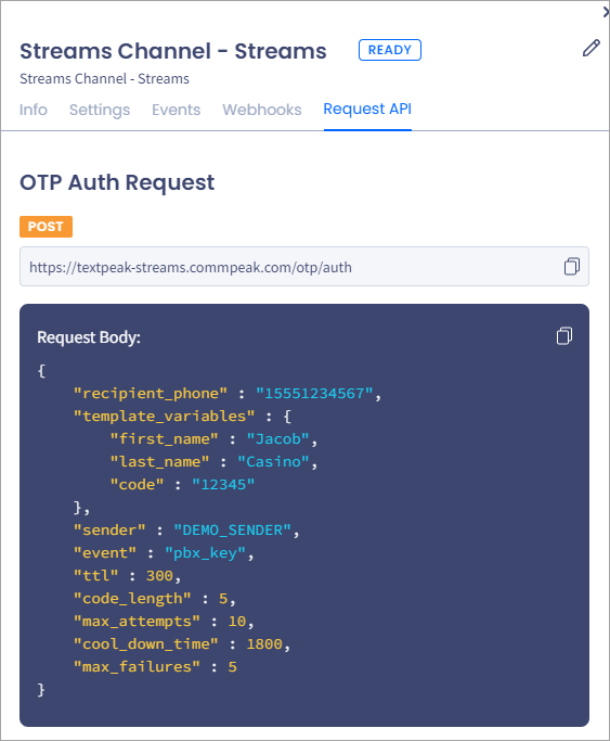 Screenshot of the **Streams API**: **Request API** tab