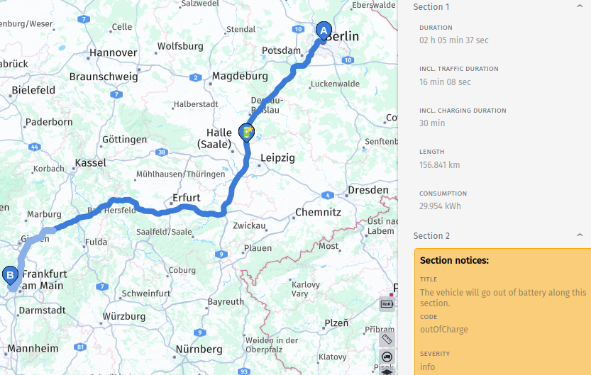 Unreachable route with a user-introduced charging stop