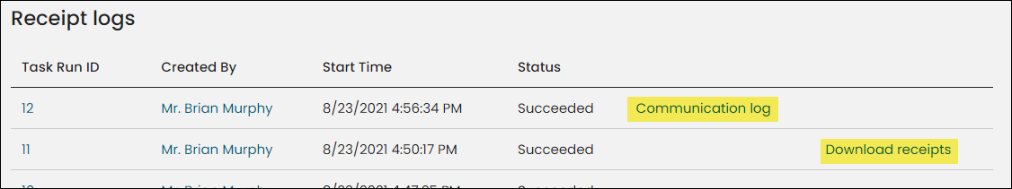 Receipt logs