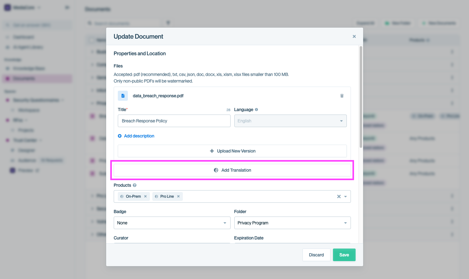 Document settings panel showing the 'Add Translation' button to upload localized versions.