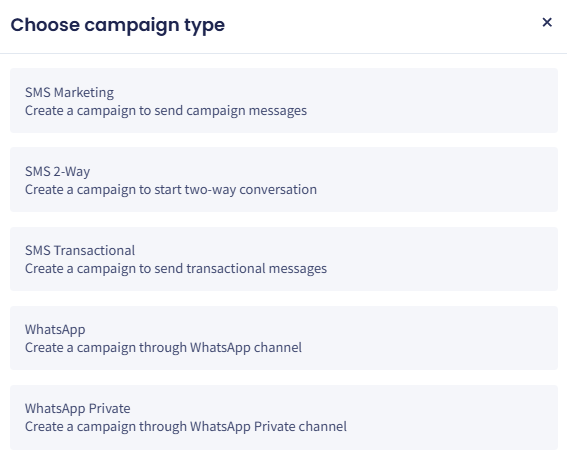 Screenshot of the TextPeak campaign types selection