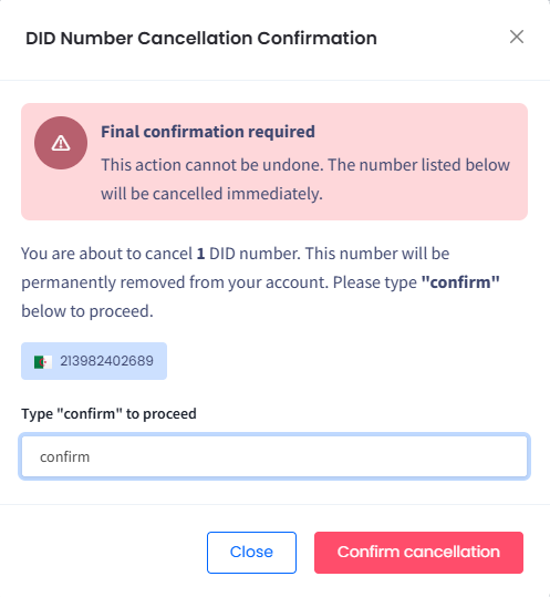 Screenshot of the final DID number cancellation confirmation
