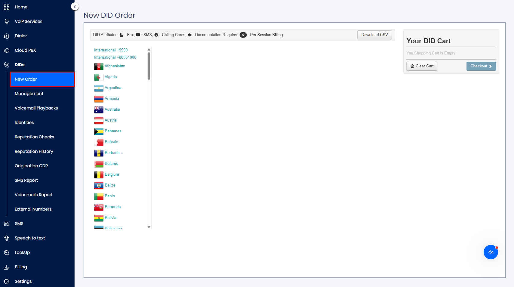 Screenshot of the DIDs > New Order menu item