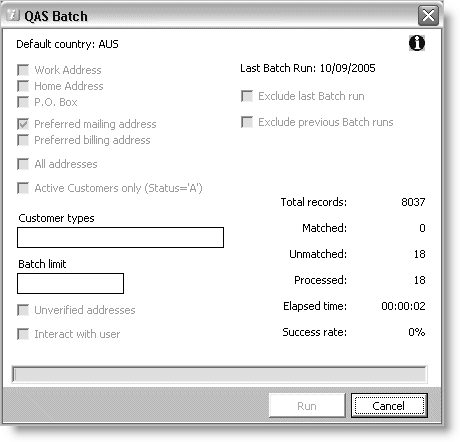 From Customers, select Manage QAS > QuickAddress Batch.