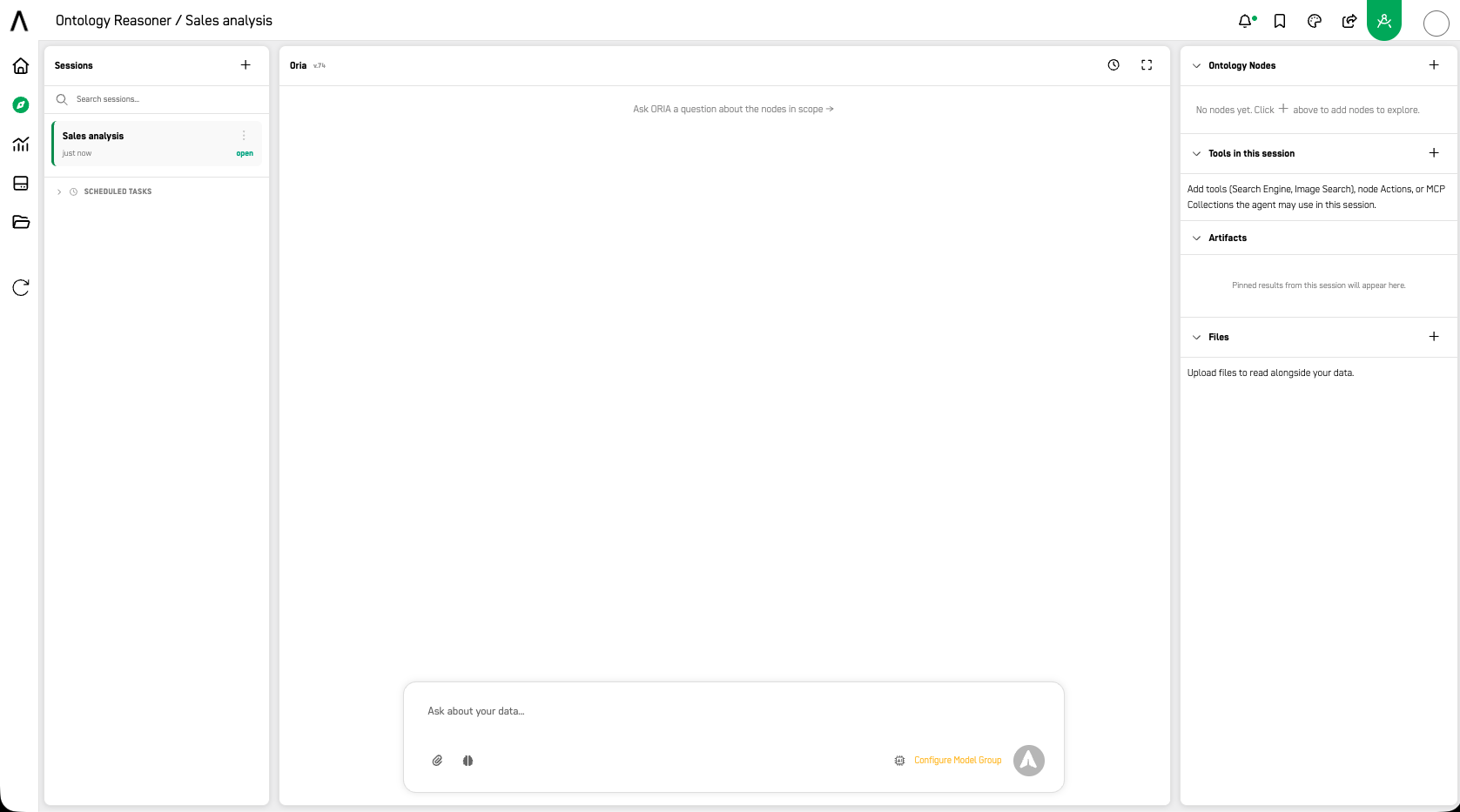 Screenshot: Right-hand configuration panel — Ontology Nodes, Tools, Artifacts, Files