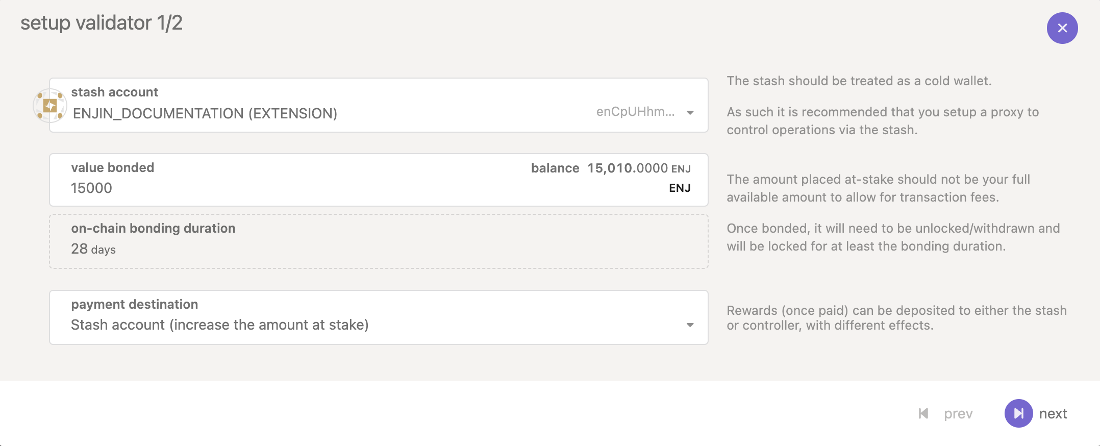 Page 1 of the Setup Validator — set amount to bound and payment destination