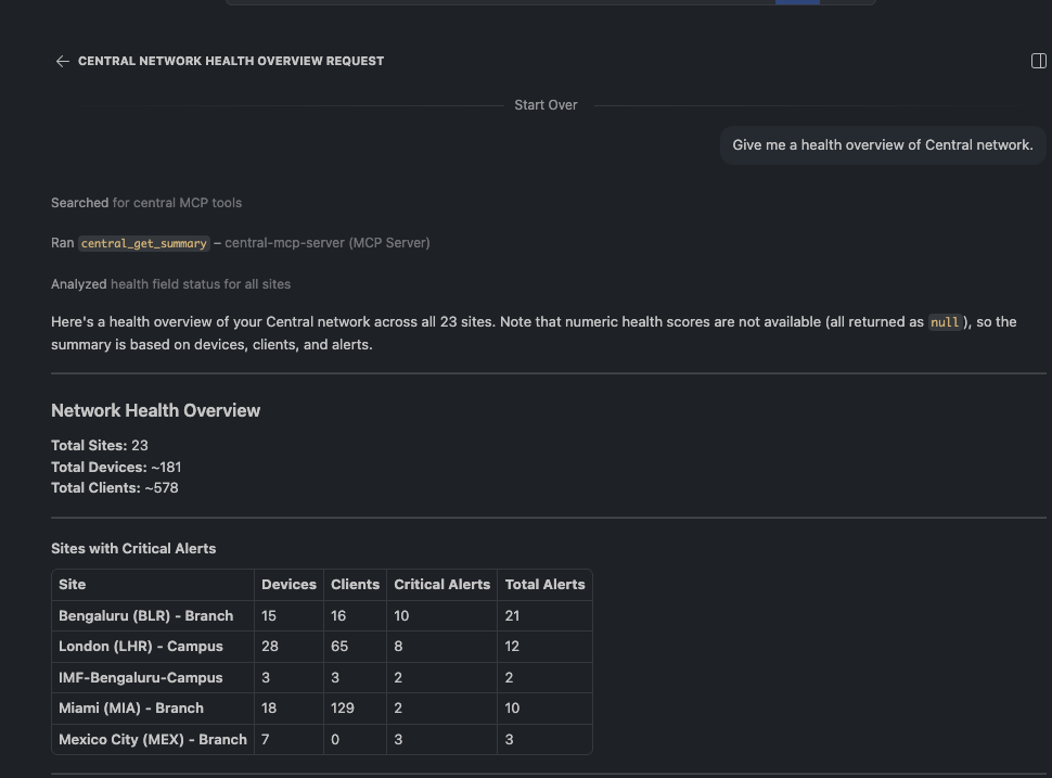 Copilot Chat showing the prompt and tool call activity as `central_get_summary` is invoked.\_