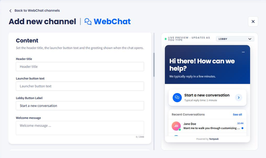 Screenshot of the Content section of the WebChat builder showing header title and launcher button text fields