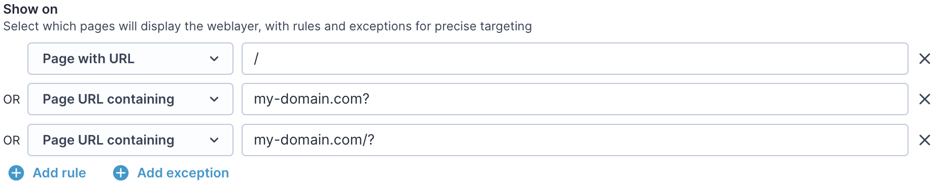 Weblayer display conditions settings.