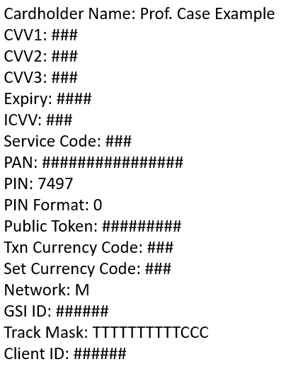 Test screen: copied card details