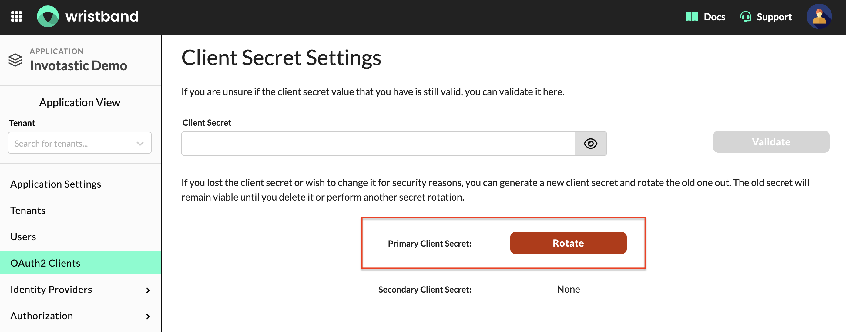 Client Secret Settings page showing the Rotate button for the Primary Client Secret.