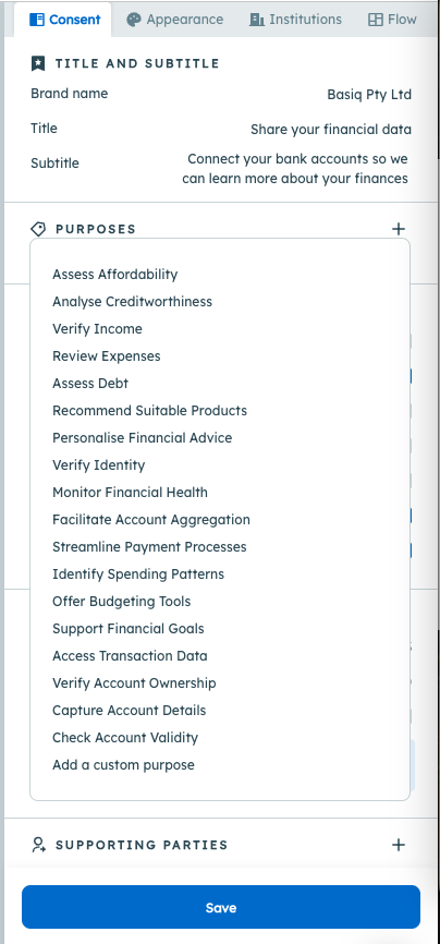 Purpose with - Add a custom purpose at bottom