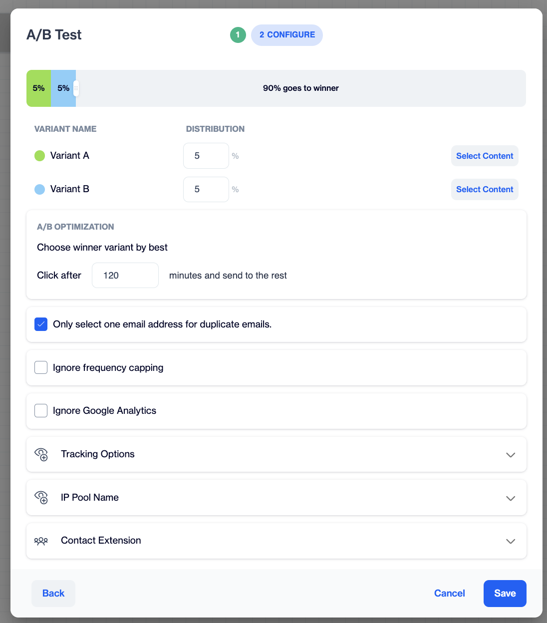 The A/B Test window on the Configure step, showing the distribution bar, the Variant A and Variant B rows, and the A/B Optimization section