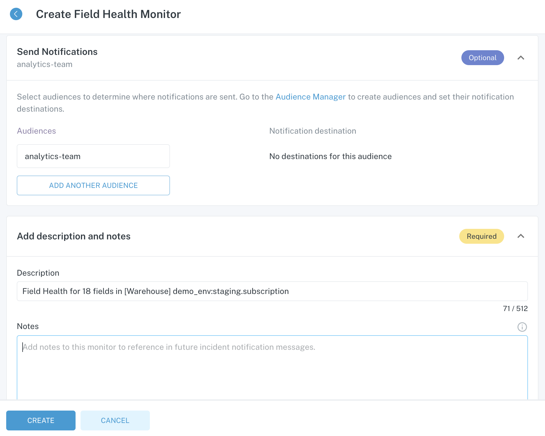 Audience setup in the monitor creation workflow