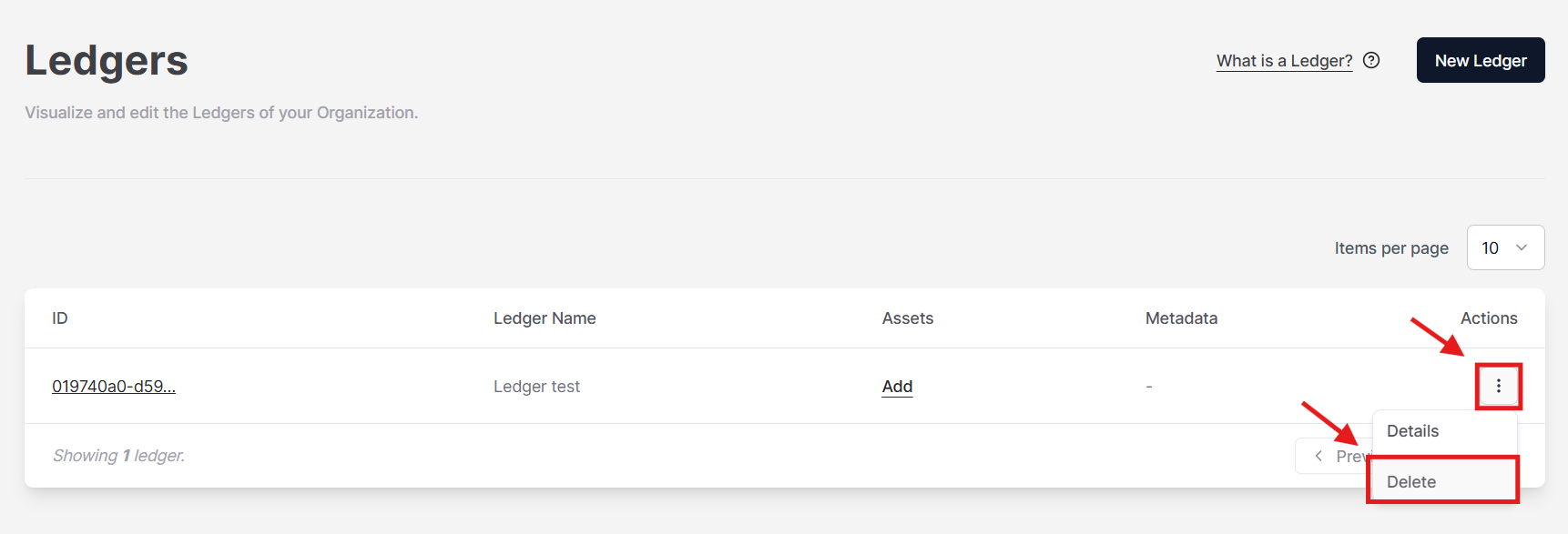 Figure 1. The option to delete a Ledger in the Actions menu.