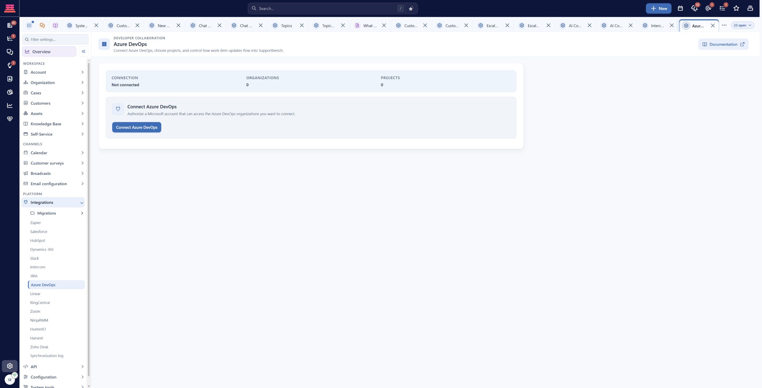 Azure DevOps is not connected in the demo: zero organizations and projects. Confirm connection compatibility before authorization. Connected defaults and provider round trips were not exercised.