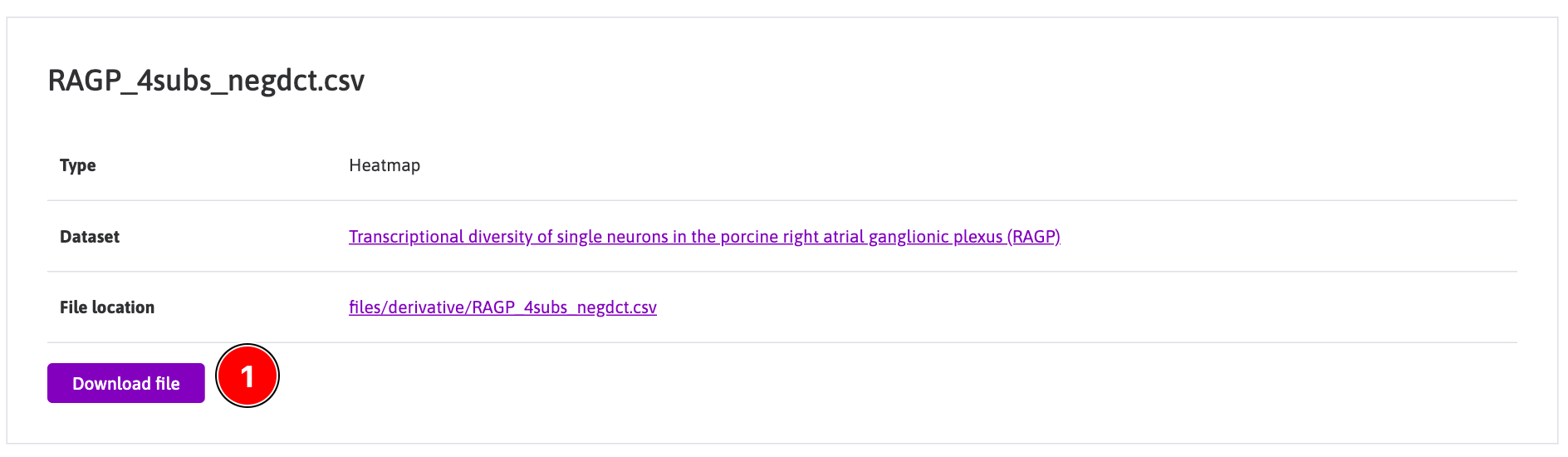 Figure 4: Plot viewer summary table, annotated illustrating the `Download` file button.