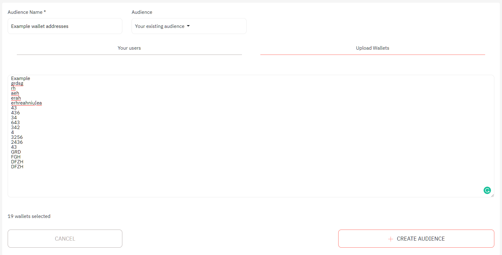 Add wallet addresses to create your audience