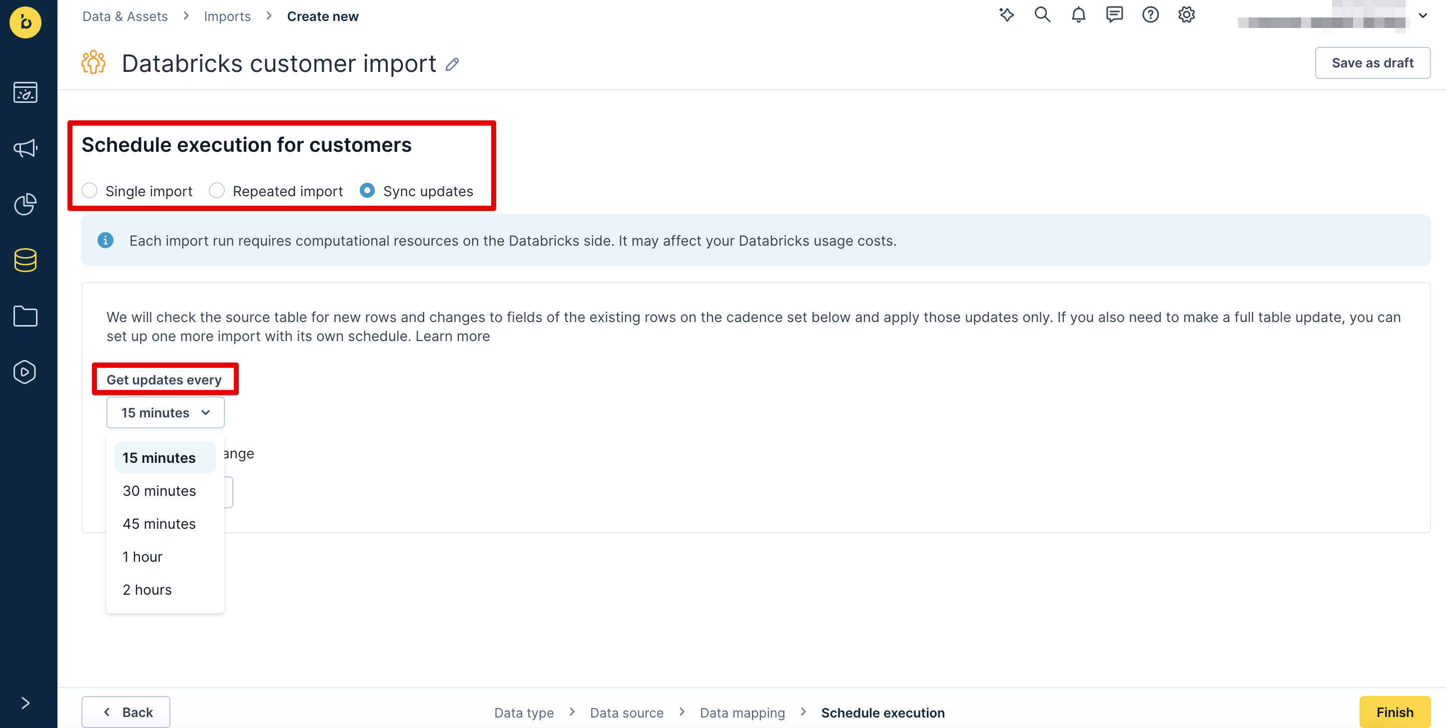 Schedule execution options showing Single import, Repeated import, and Sync updates
