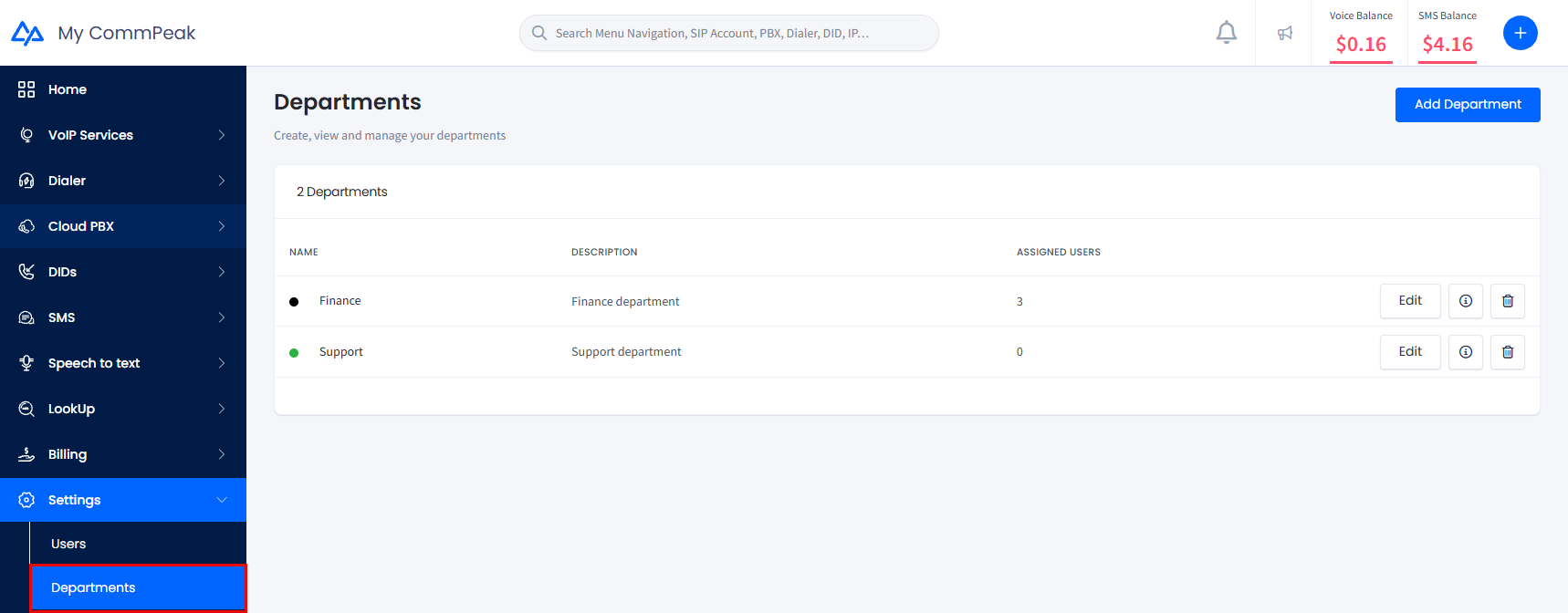 Screenshot of the Departments in the main menu of CommPeak Portal