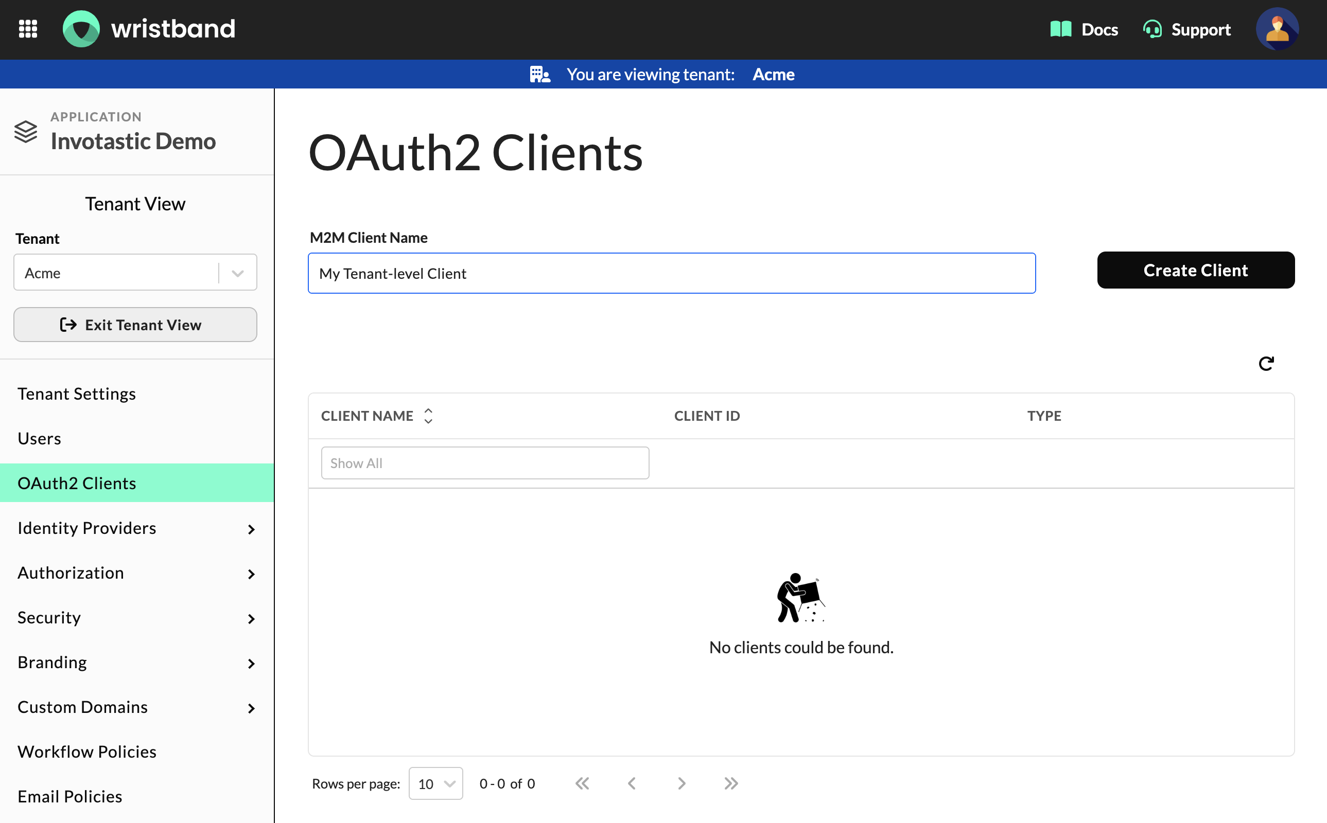 OAuth2 Clients page in Tenant View showing the M2M Client Name field and Create Client button