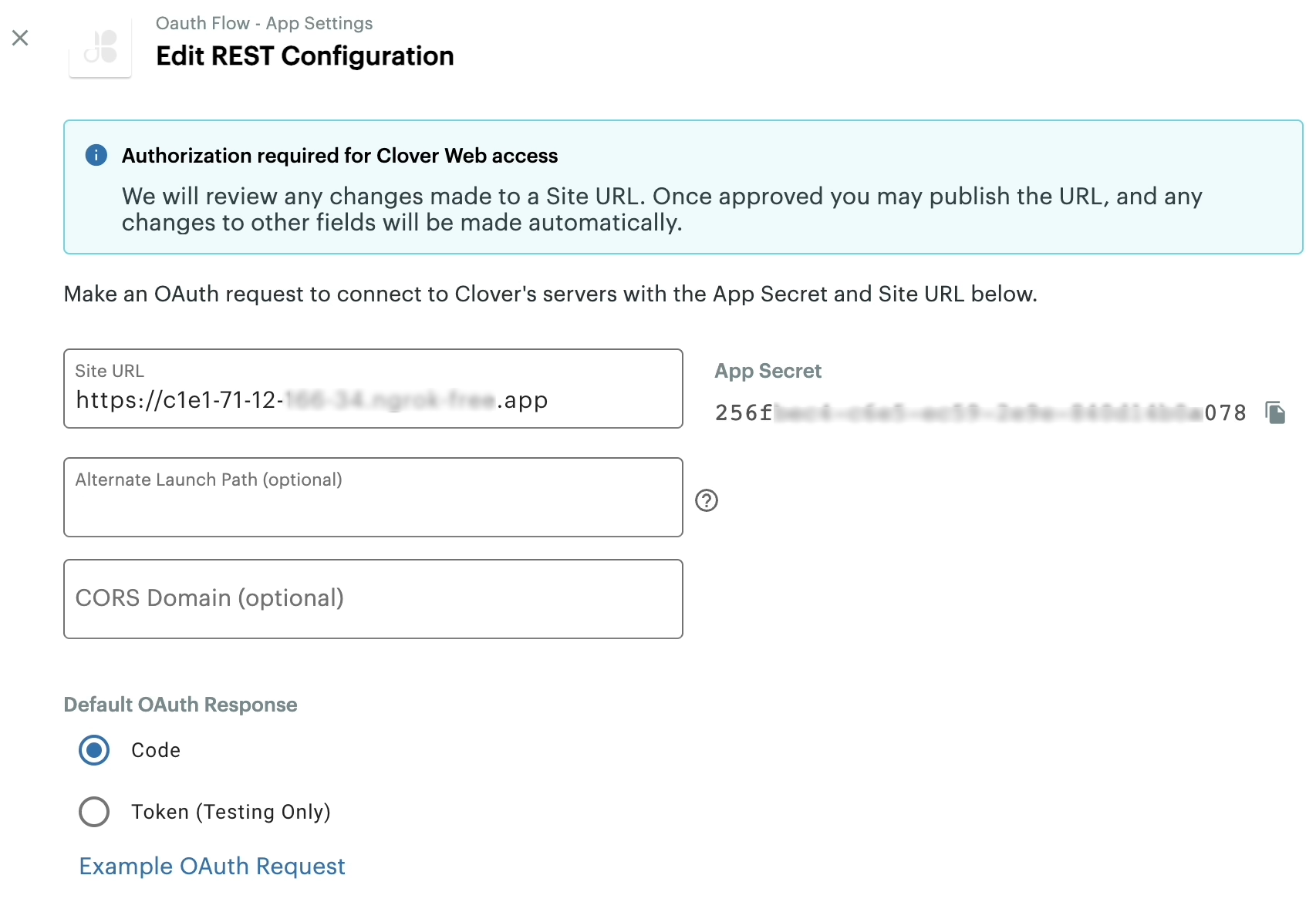 App Settings on the Developer Dashboard: Edit REST Configuration page