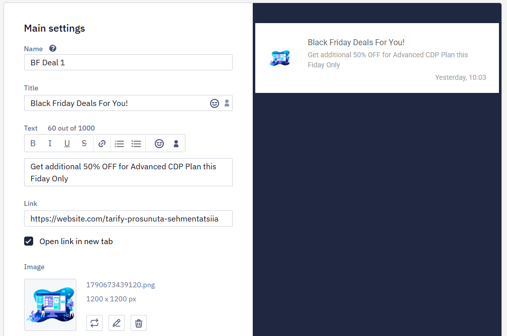 App Inbox message editor Main settings panel for a Black Friday Deals For You notification, with a live preview on the right