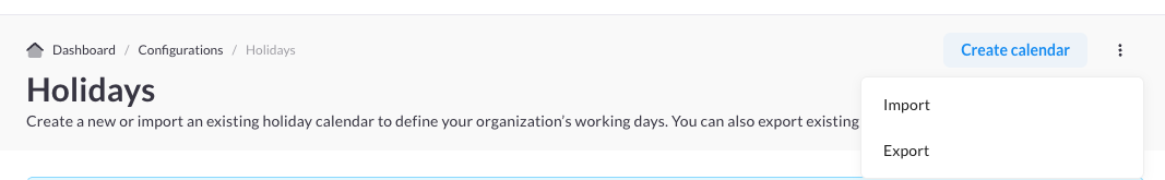 Create calendar button and export-import menu items