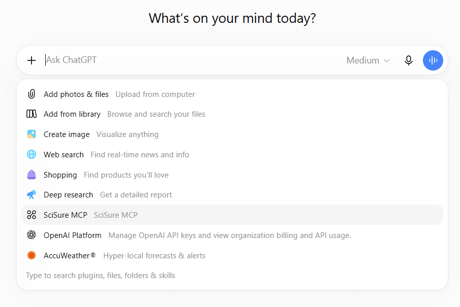 ChatGPT tools menu with SciSure MCP available to select