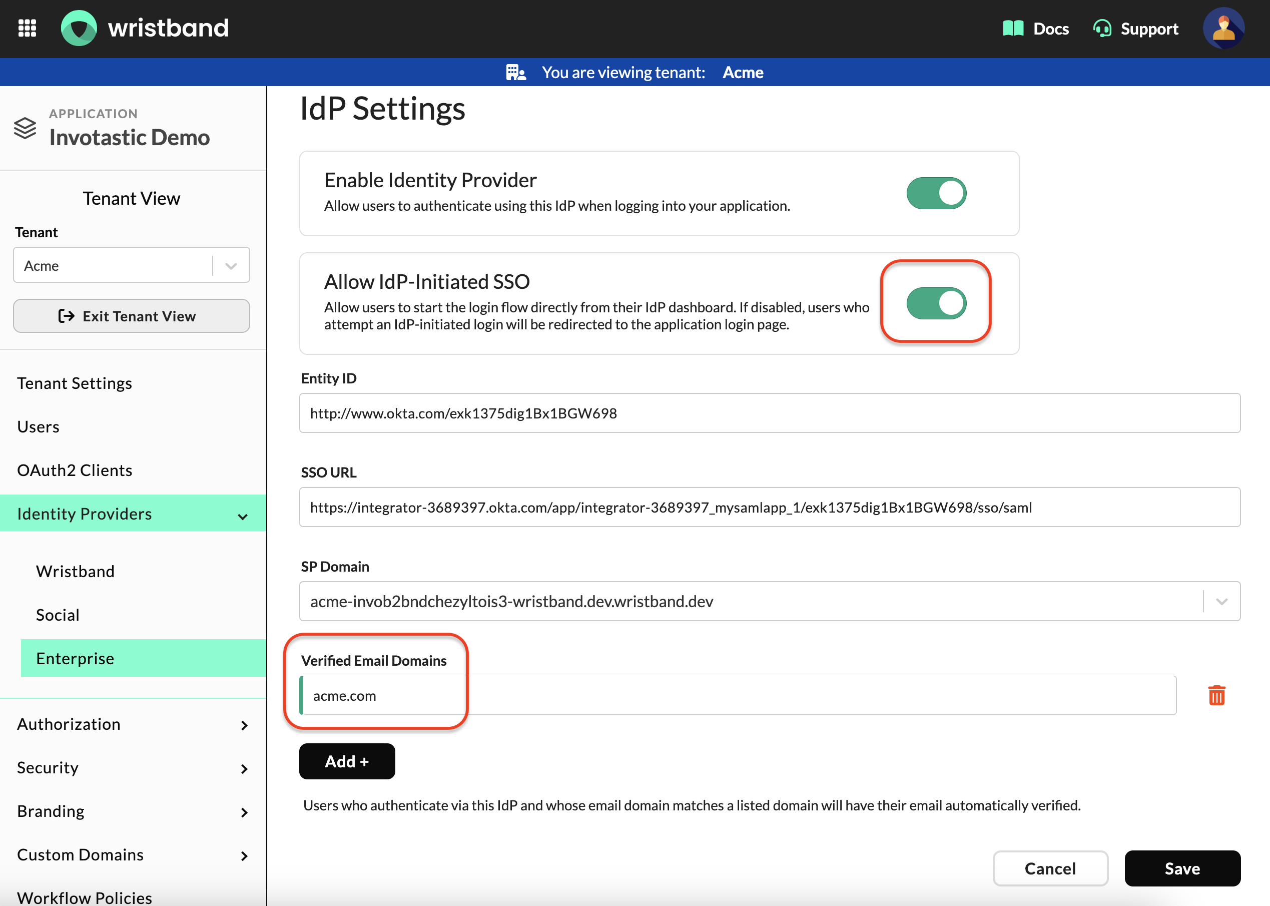 Wristband: IdP settings page showing additional configuration options