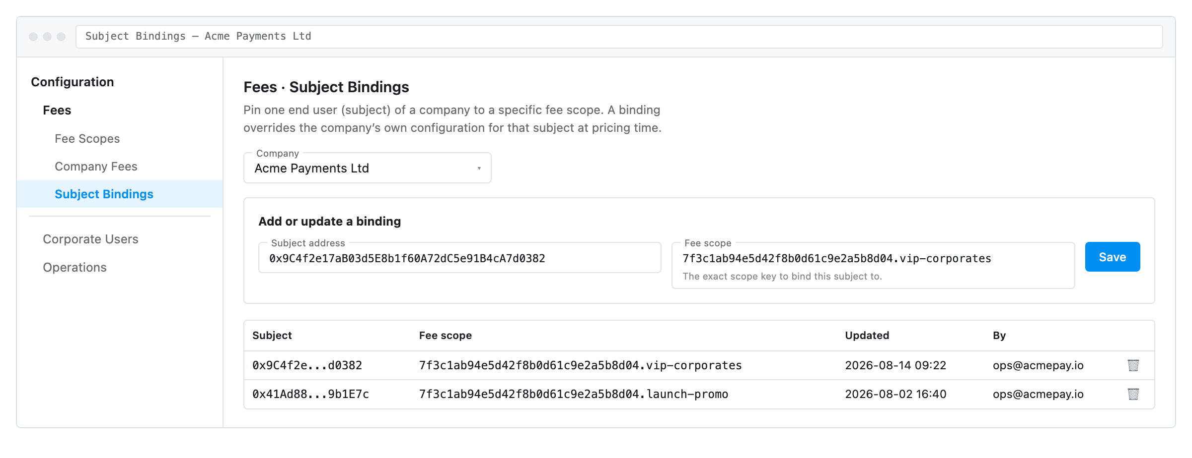 Subject Bindings, showing the add form and the existing bindings table