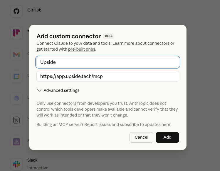 Claude Add custom connector dialog