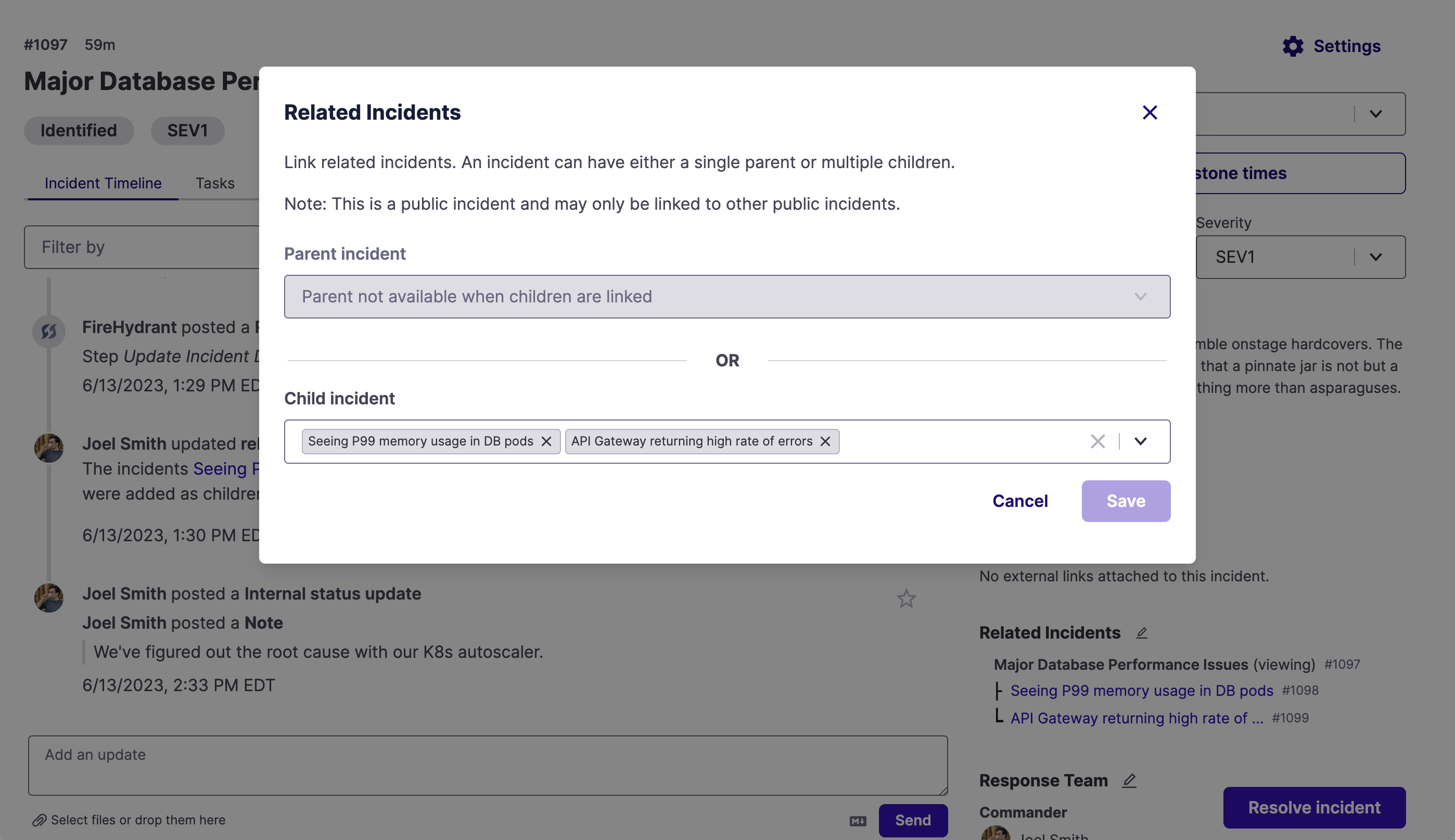 Related incidents modal in the UI