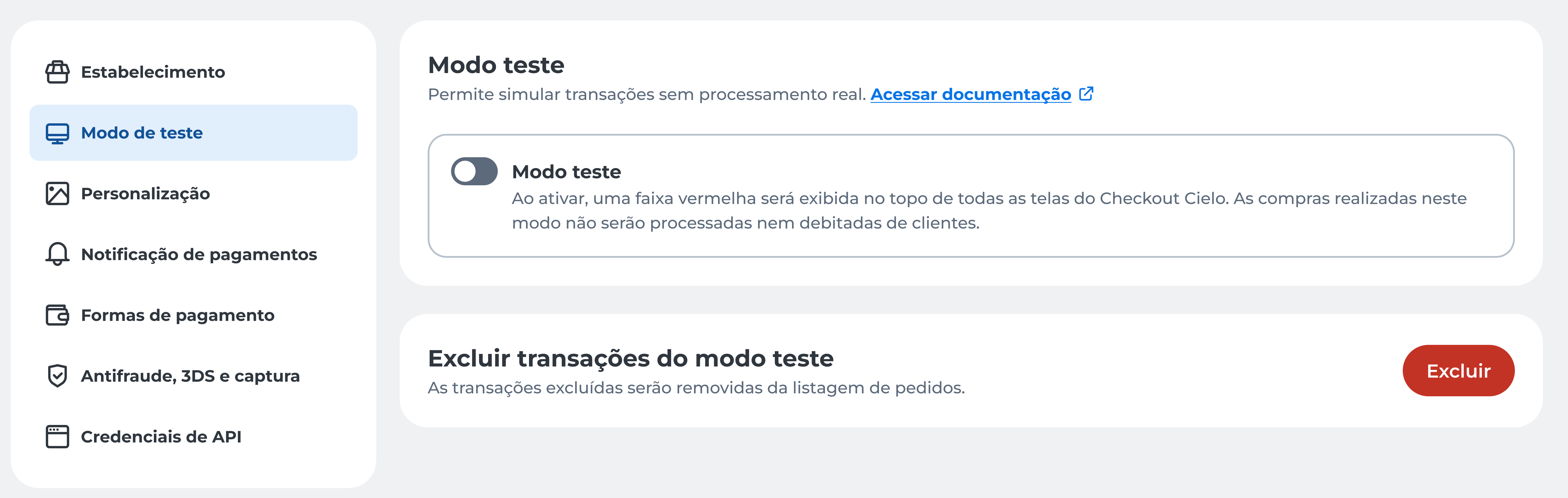 Tela da página Modo Teste com opção para habilitar ou desabilitar e excluir transações de teste