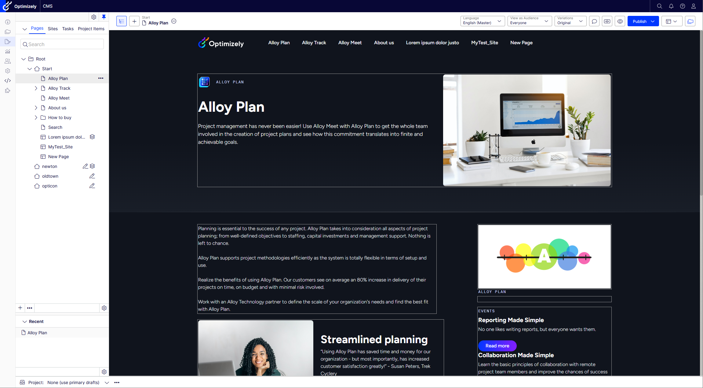 Screenshot of the CMS edit view where editing a page using On-page edit or All properties view