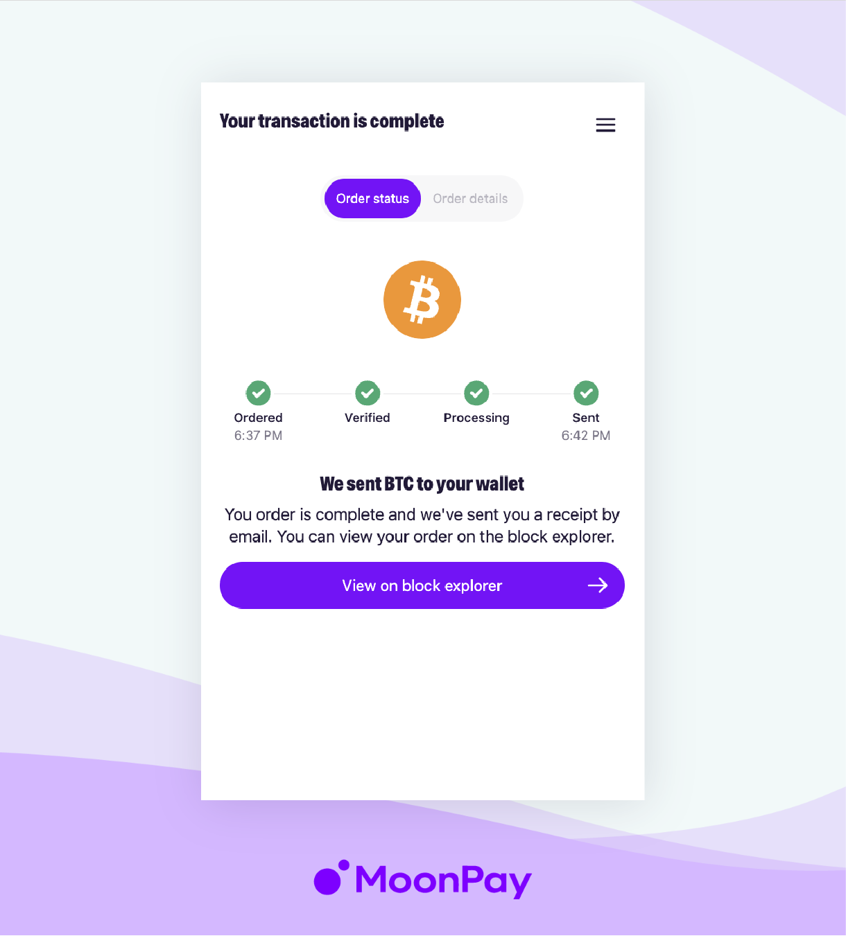 MoonPay's mobile app window shows the tracker button.