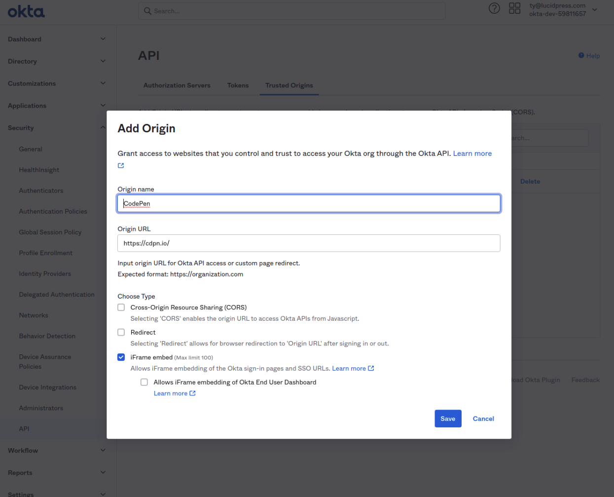 Okta configuration for enabling SSO