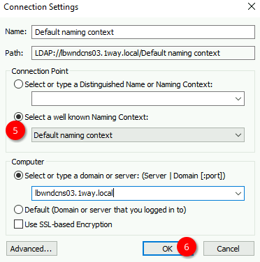 ADSI Edit Connection Settings dialog box with Default naming context selected and a domain server set.
