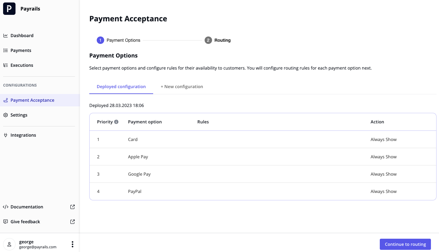 Payment options configuration in the Payrails Merchant Portal