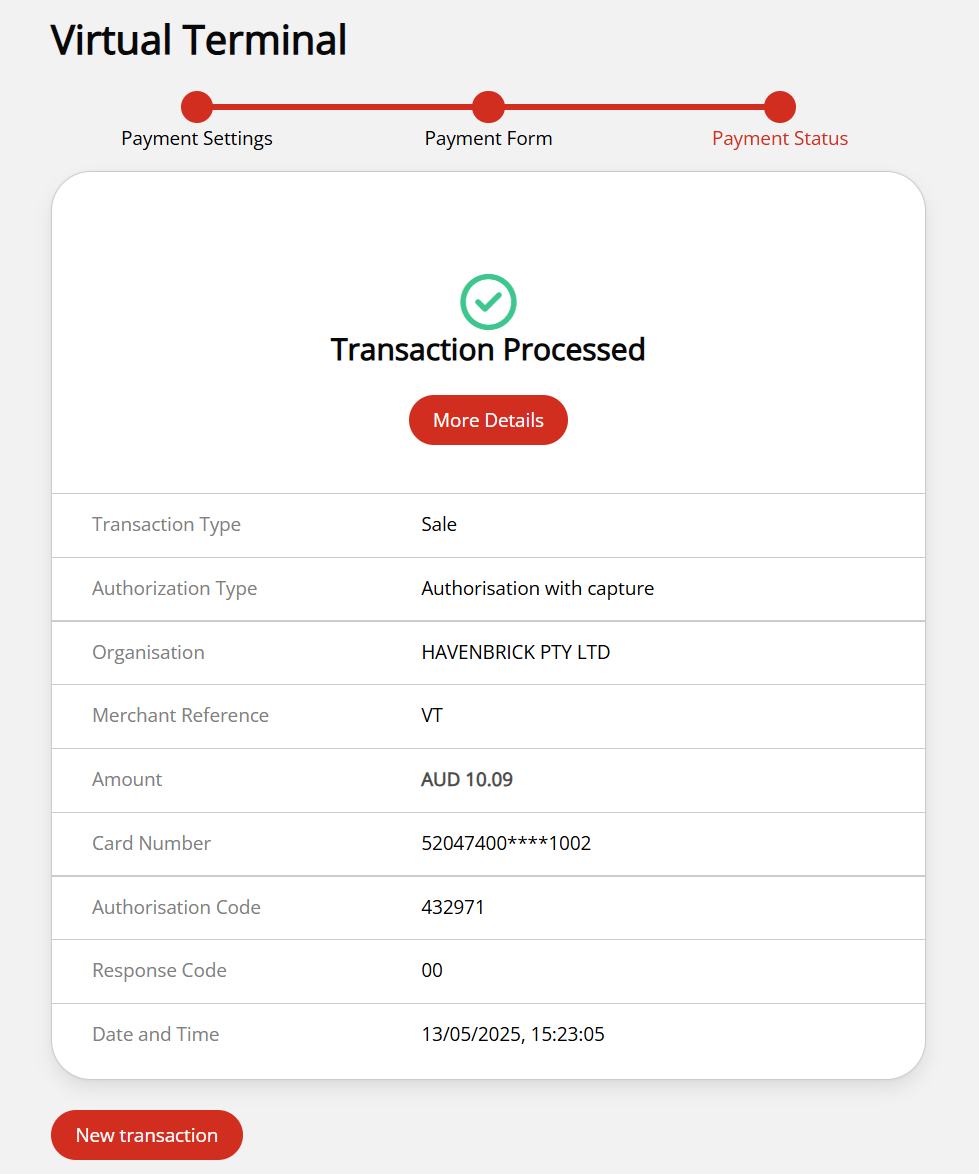 The Success payment status screen in the OnlinePay dashboard.