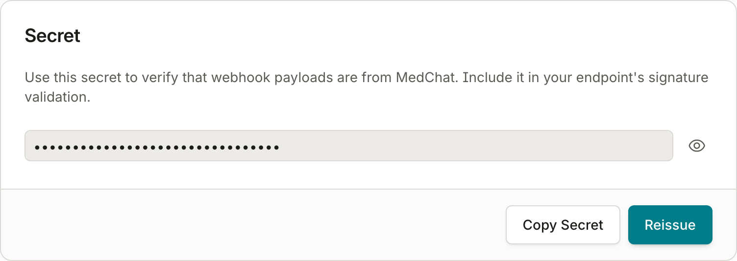 The webhook Secret card: copy the masked secret for signature validation, or Reissue to rotate it.
