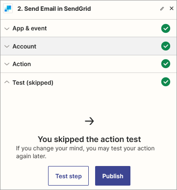 Screenshot of the **Send Email in SendGrid** event dialog: **Publish** option