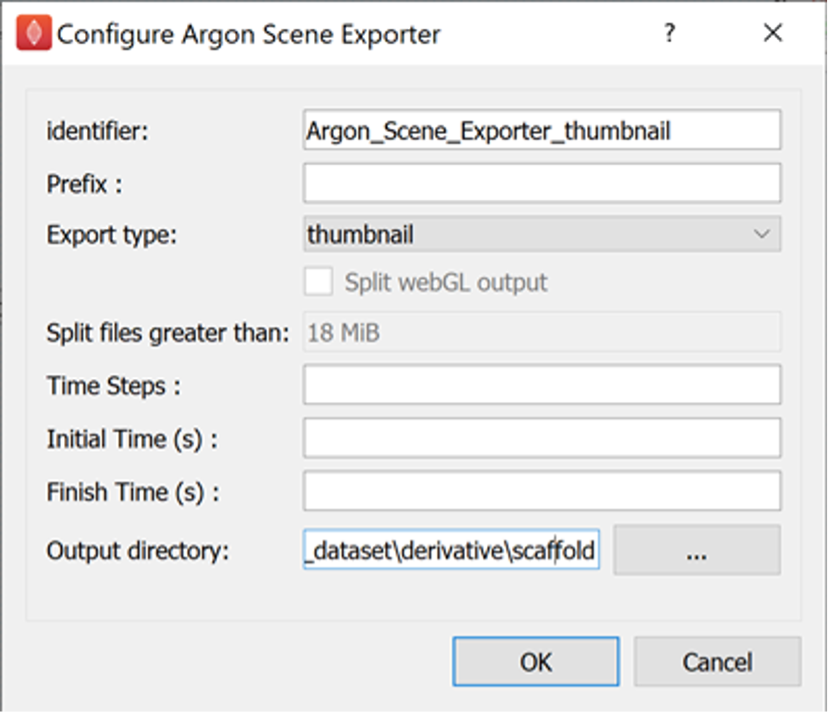 Figure 6. Argon Scene Exporter\_ step configured for outputting a thumbnail into a scaffold directory in the skeleton dataset