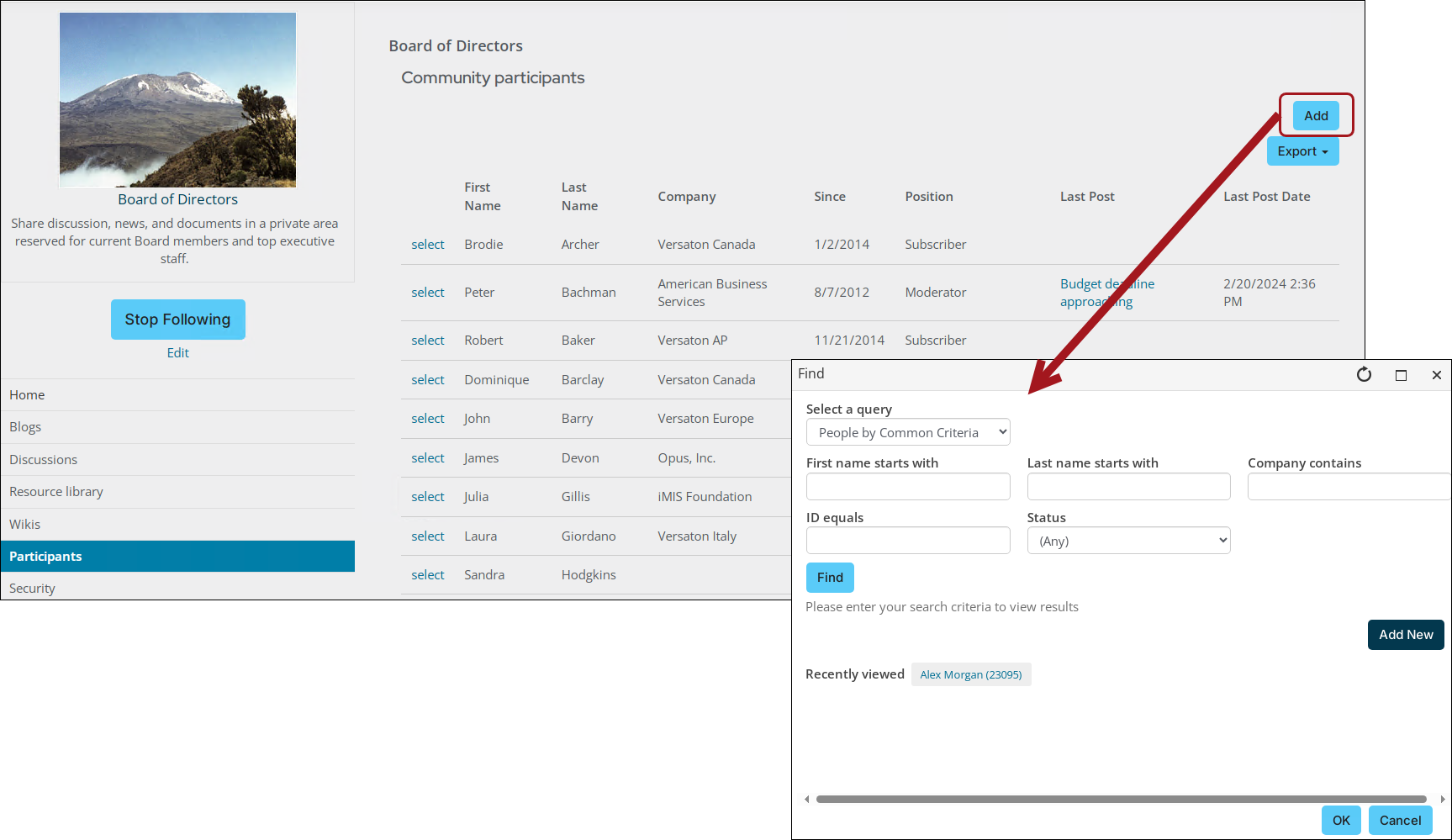 Example board of directors community detailing how to add new participant.