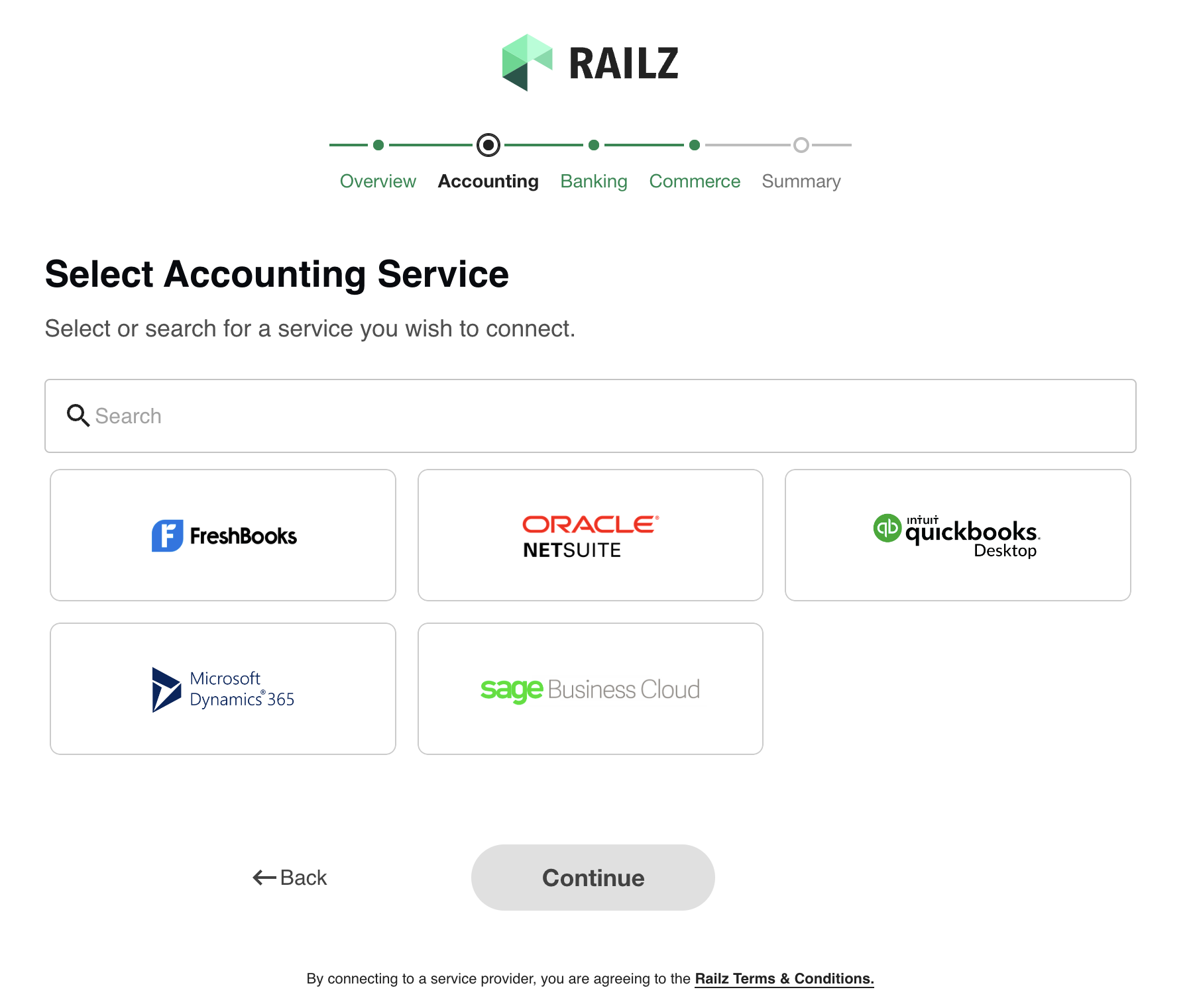 Railz Connect - Service Provider Selection. Click to Expand.