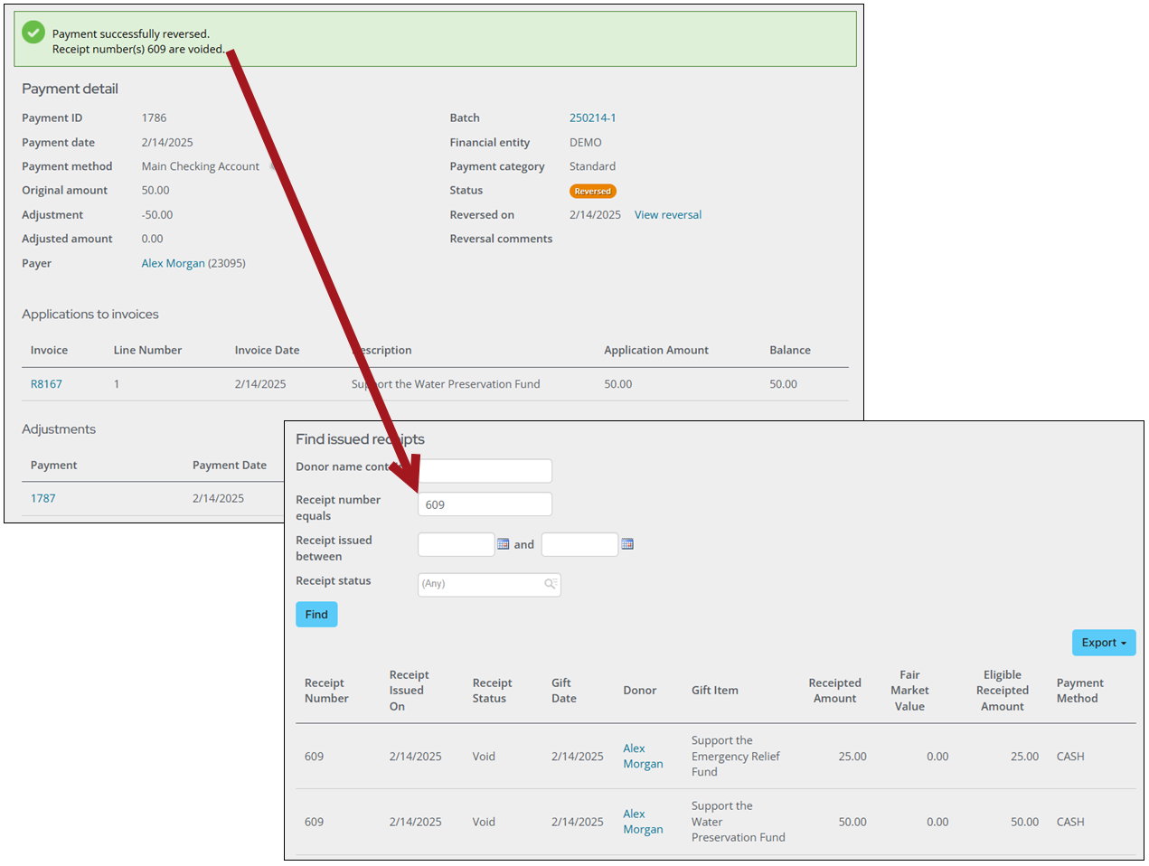 Payment reversal message with link to receipts that are voided