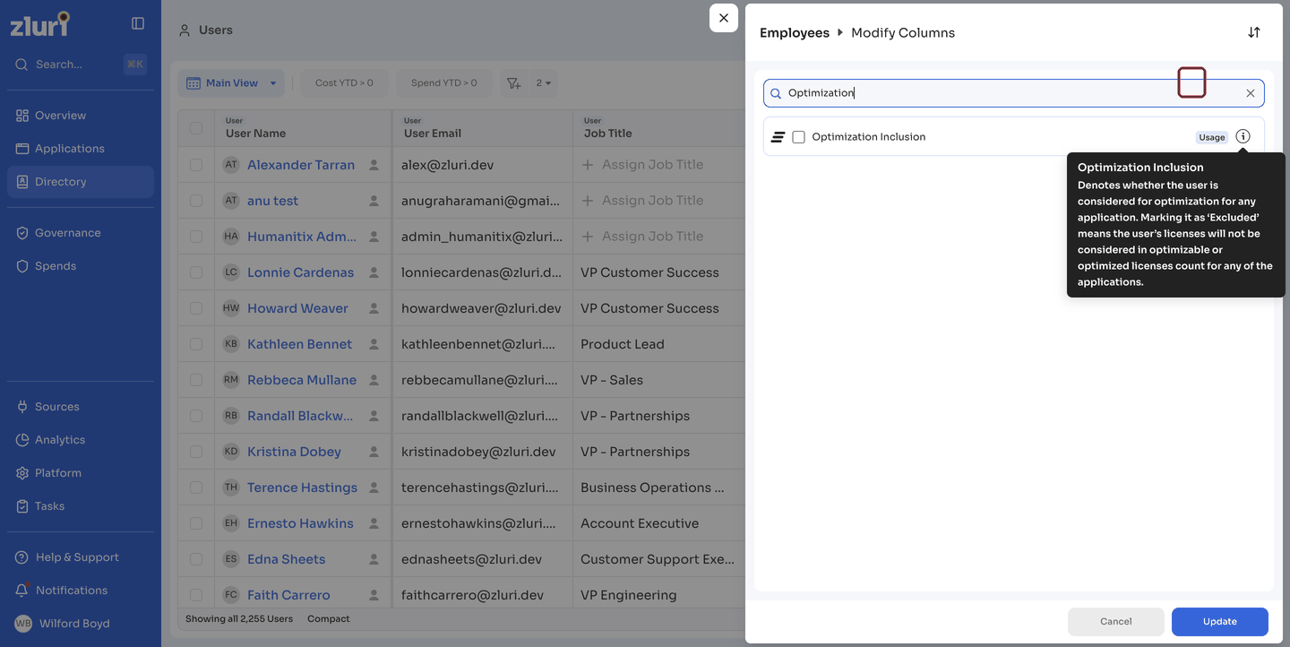 Adding the Optimization Inclusion column and opening its options