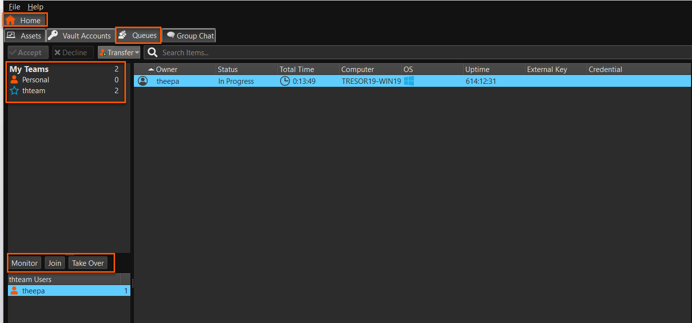 Image of the Home: Queues screen.