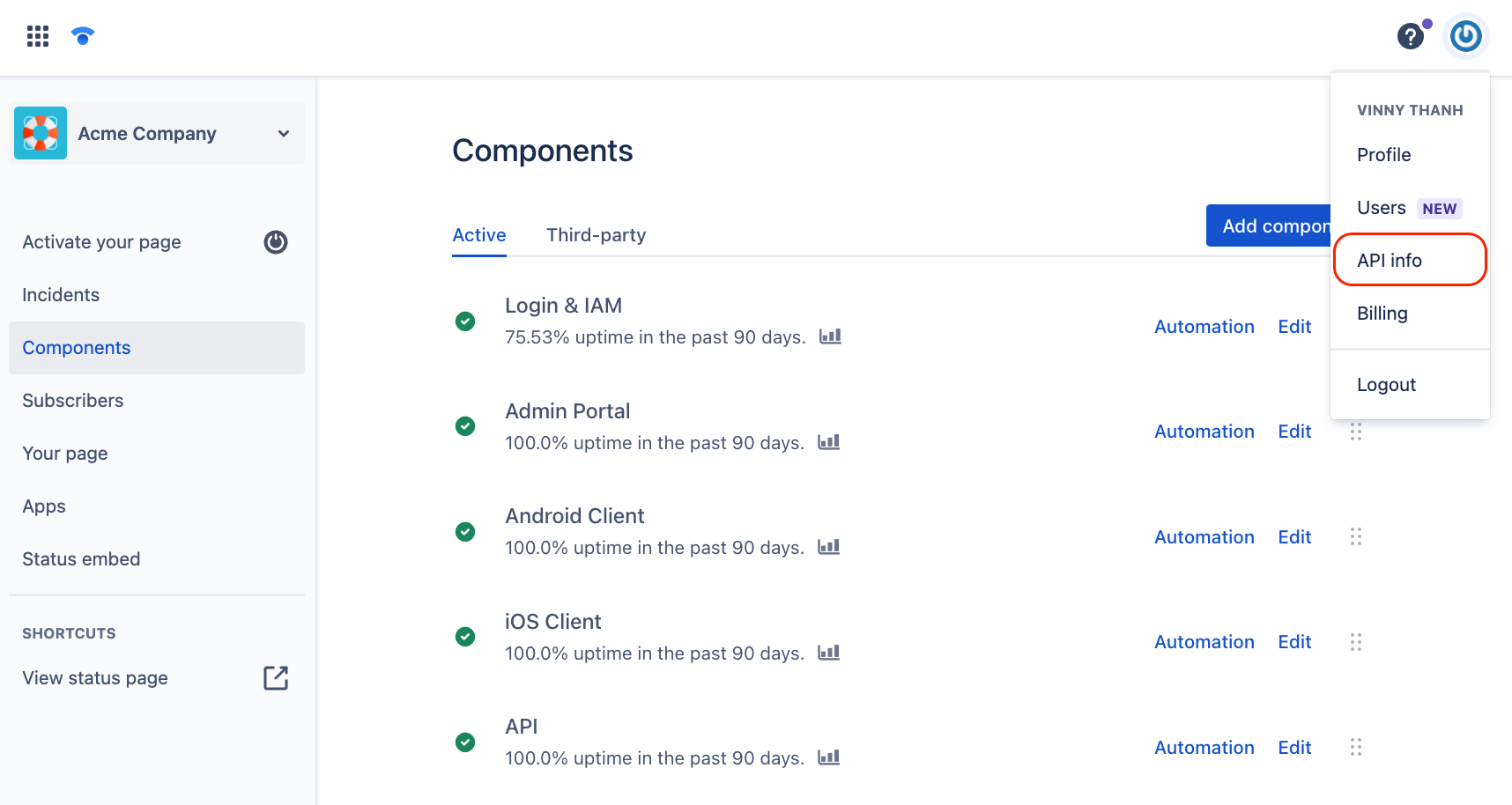 API info in Atlassian Statuspage