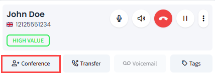 Screenshot of the call panel with the Conference button highlighted